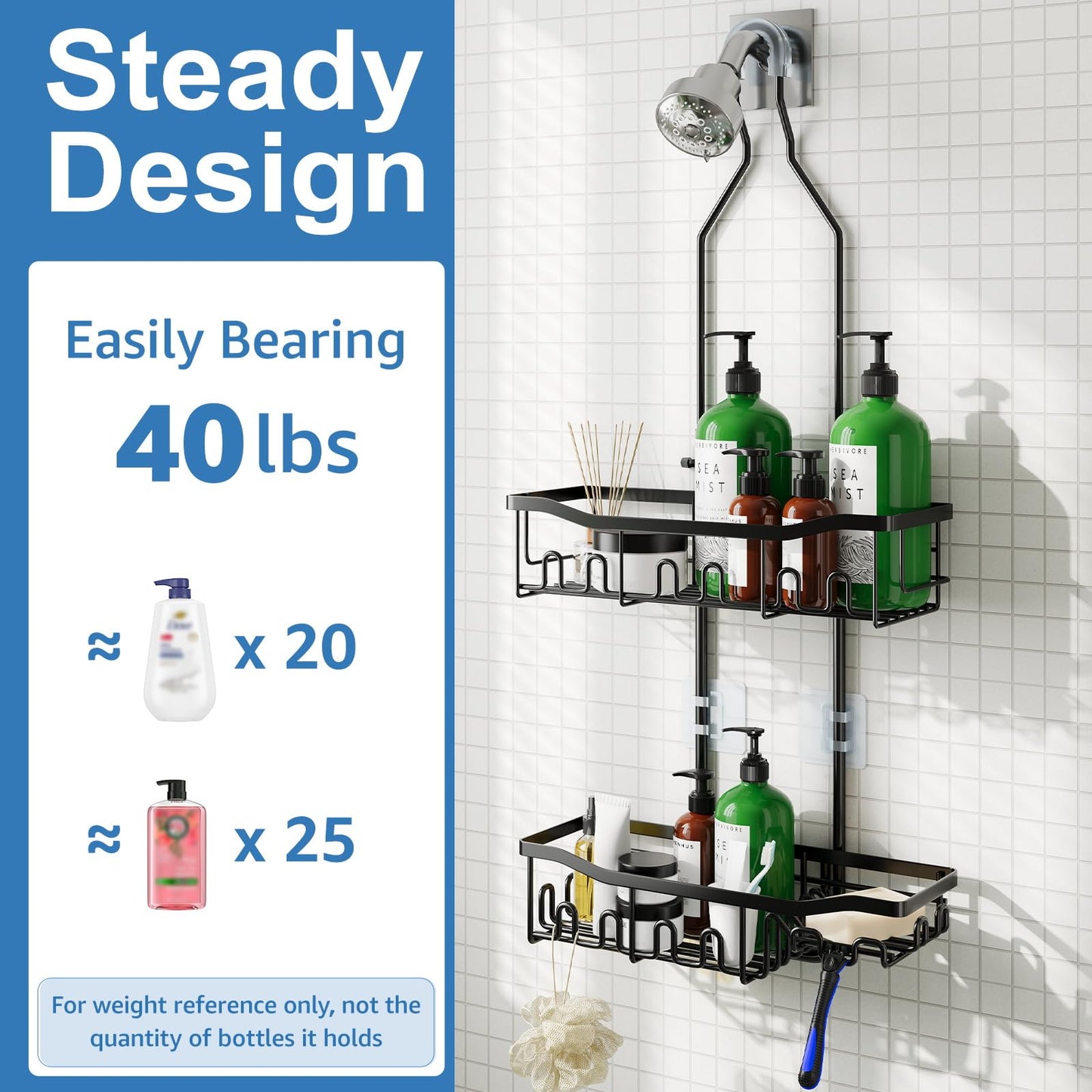 Joqixon Upgraded Extended Length Shower Organizer with Hooks, Rustproof Shampoo Soap Holder, Large