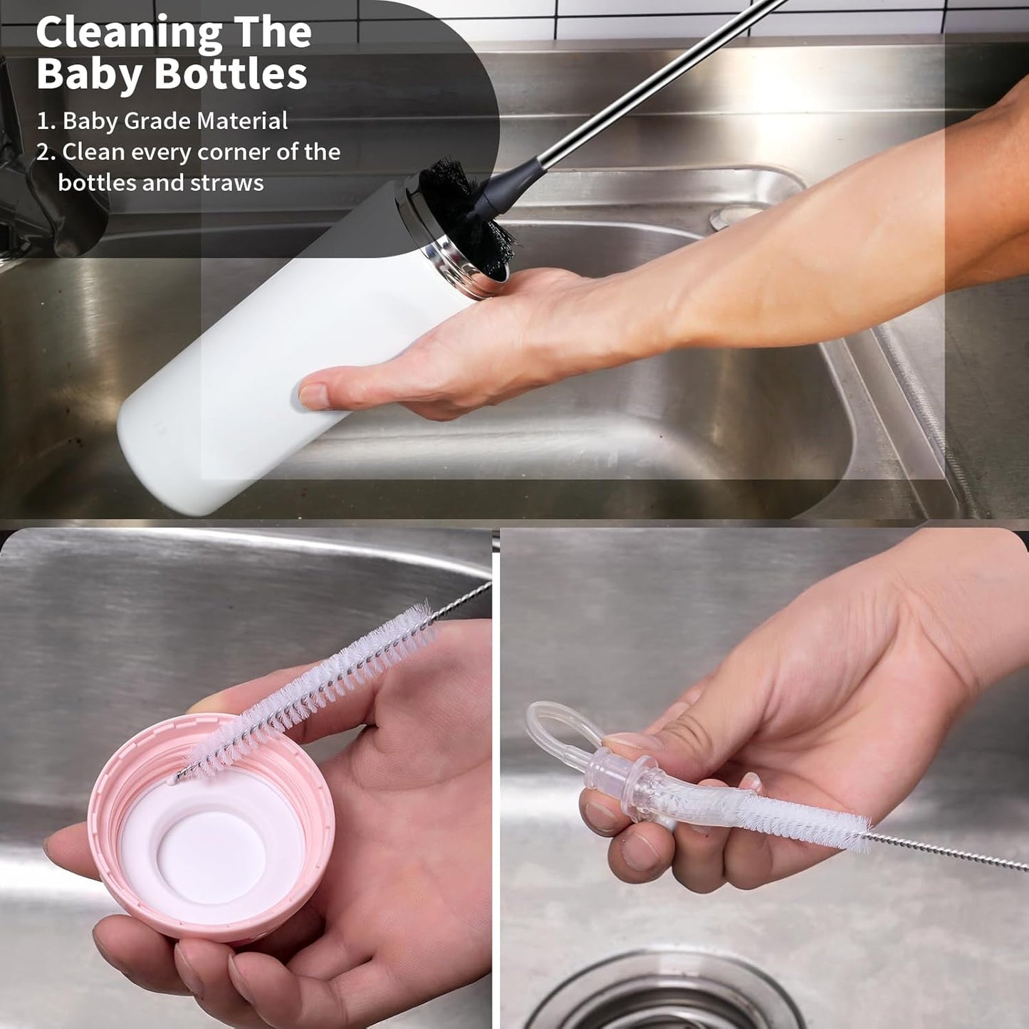 4 Pack Water Bottle Brushes with Straw Cleaner, Stainless Steel Handle Baby Bottle Brush Cleaner, Kitchen Scrub Cleaning Brushes for Cup, Wine Glasses, Coffee Mugs, Tumblers, Wine Decanters, Black