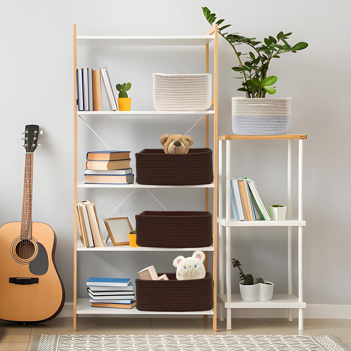 COMFY-HOMI 13" x 8.5" x 5.1" Storage Baskets for Organizing | Cotton Rope Woven Basket | Toy Storage Bin Box | Basket for Shelves, Closet Organizer Bin, Decorative Closet Shelf, 3 Pack, Dark brown