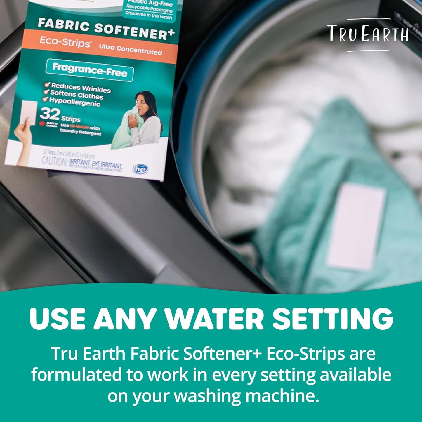 Tru Earth Fabric Softener Strips for Washing Machine, Alternative to Fabric Softener Liquid and Pods, Unscented Fragrance Free, Up to 64 Loads Per 32-Count