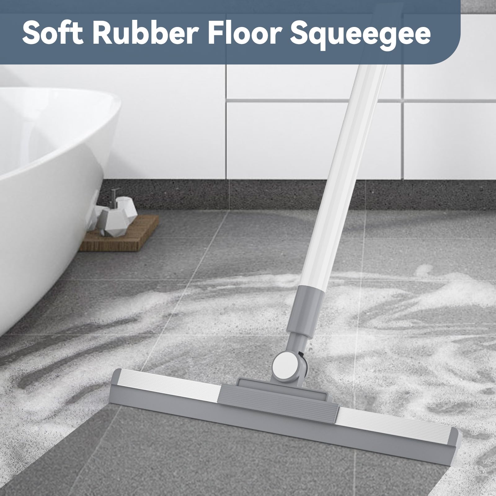 Floor Squeegee with 180° Rotating Head, Squeegee for Floor with 52'' Long Handle, Squeegee Broom