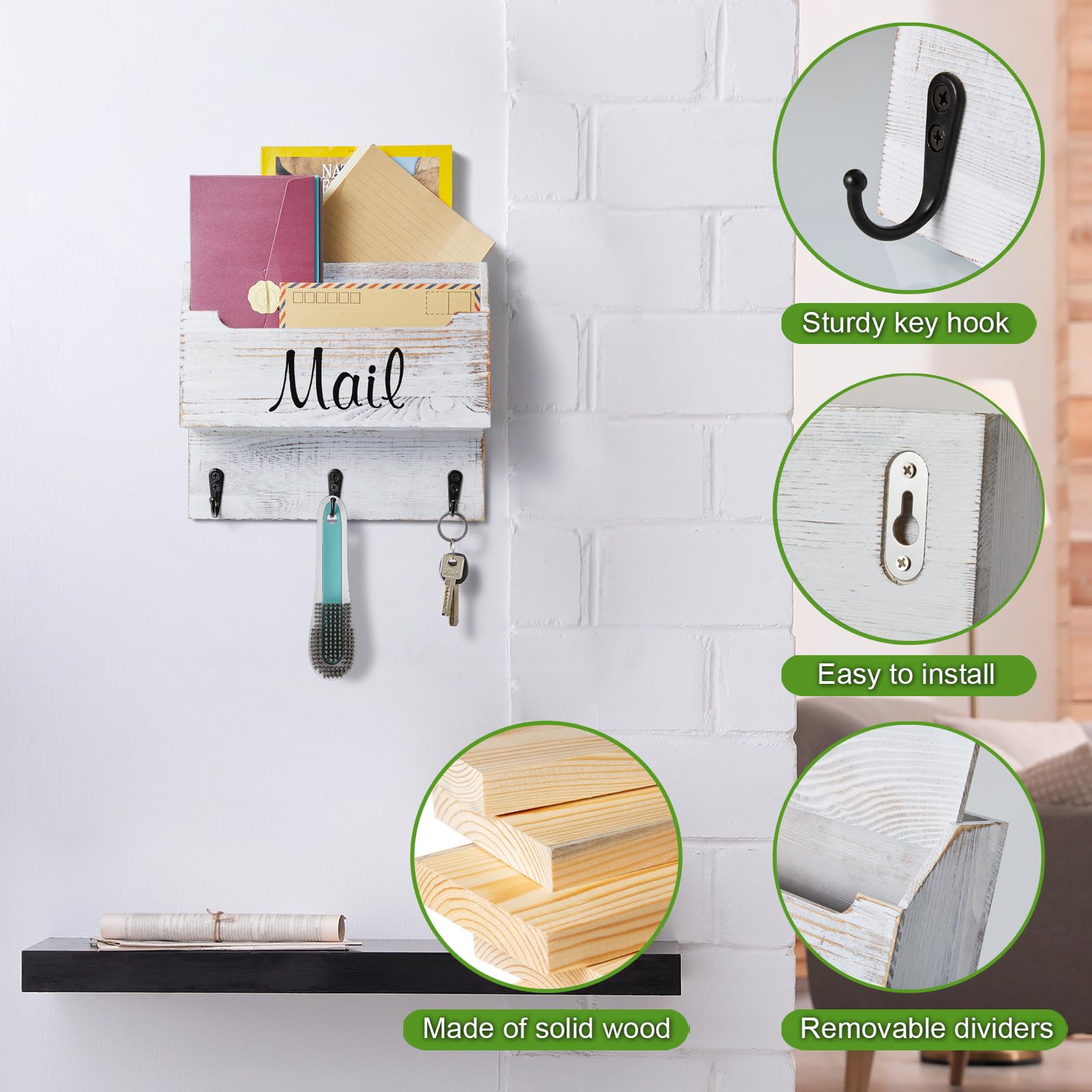 DRASTAR Mail Organizer Wall Mounted, Wooden Mail & Key Holder for Wall, Hanging Mail Organizer