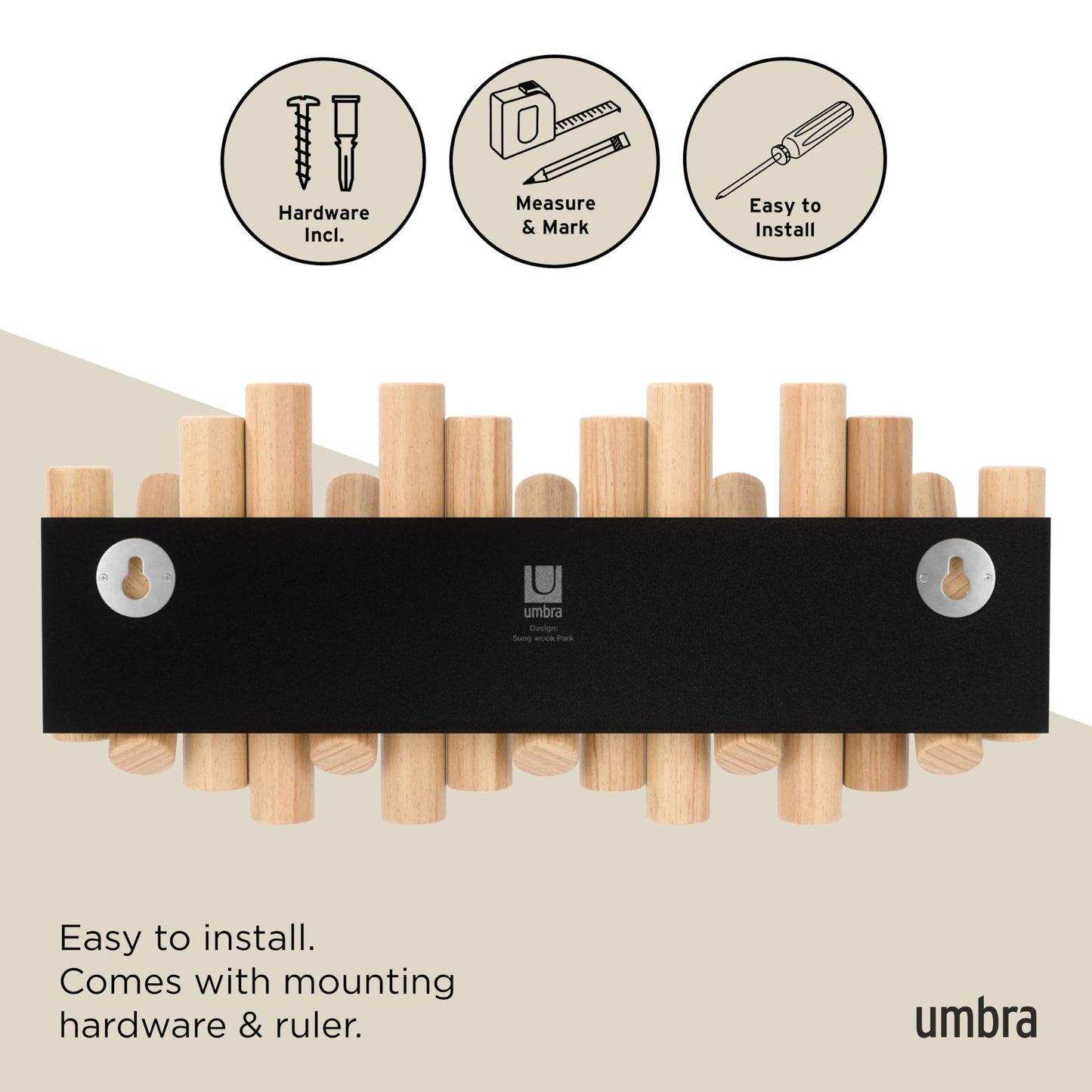 Umbra Picket Coat Rack, Wall Mount 5 Flip-Down Coat Hooks, Natural