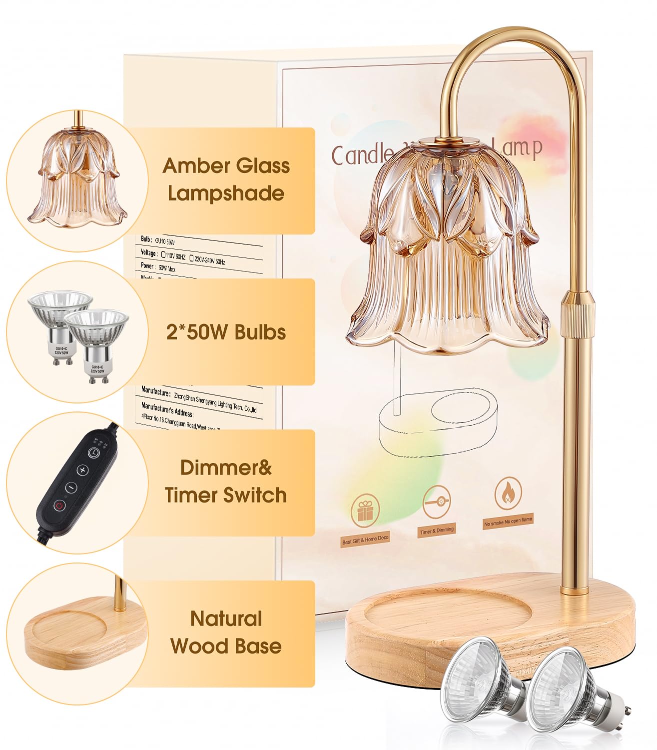 Candle Warmer Lamp Adjustable Timer - Electric Flower Glass Candles Light