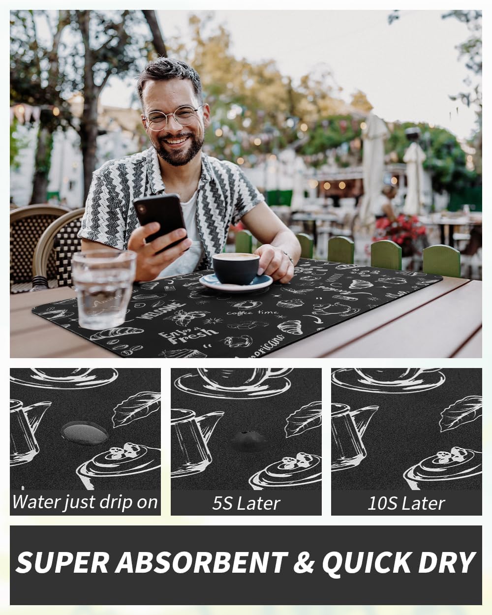 AMOAMI Coffee Mat Hide Stain Rubber Backed Absorbent Dish Drying Mat for Kitchen Counter - Fits Under Coffee Maker & Espresso Machine (16X24, Ink)