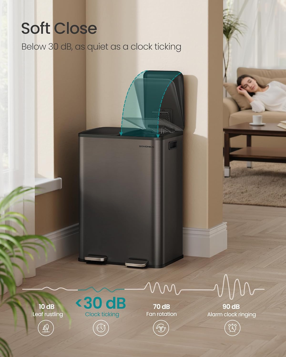 SONGMICS Trash Can, 2 x 8 Gallon (2 x 30 L) Dual-Compartment Garbage Can with Soft-Close Lid, Pedal and Inner Buckets, Stainless Steel, Includes 15 Liner Bags, Slate Gray ULTB741G01