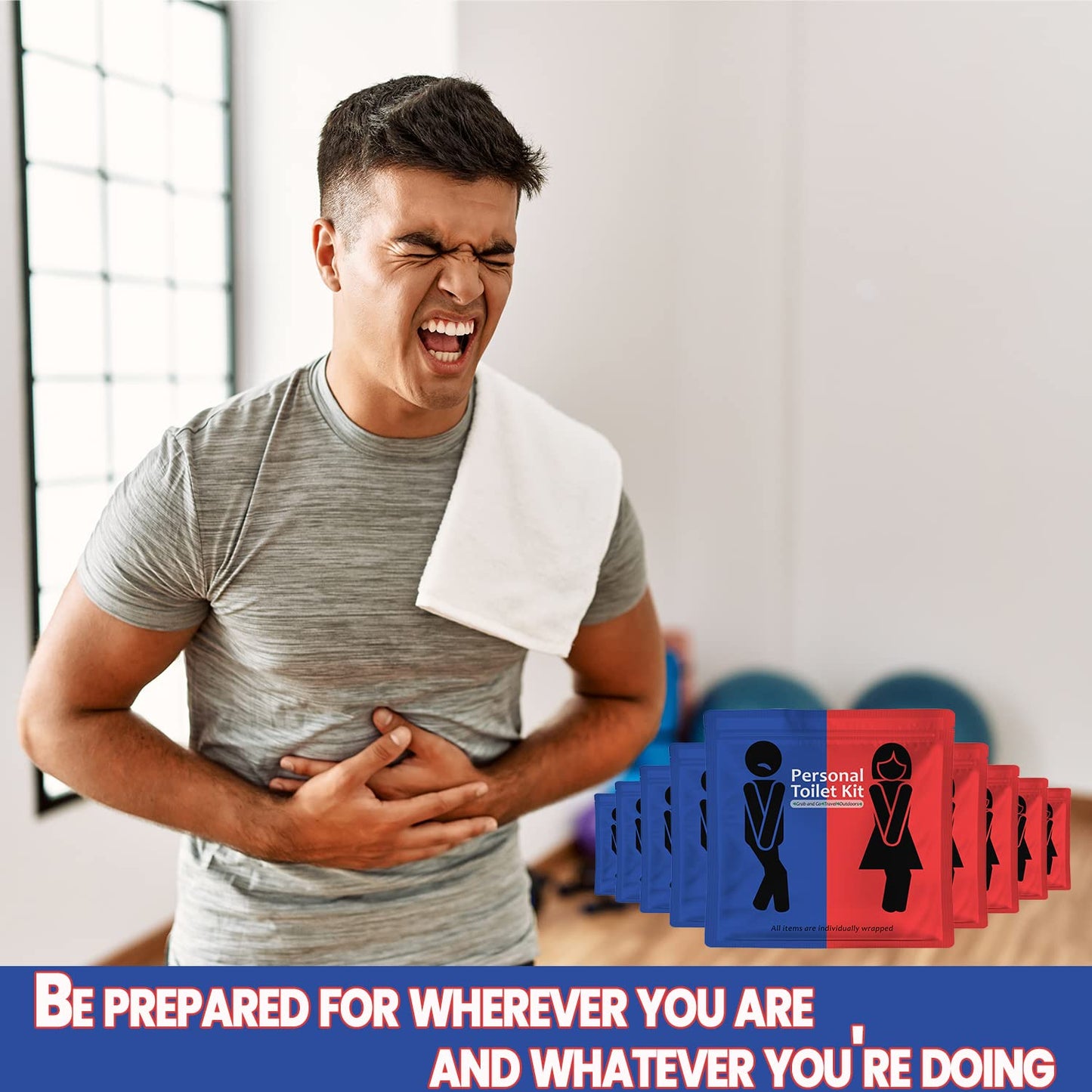 Personal Toilet Kit To Go – 10 Pack | Disposable Public Restroom Kit | Individually Wrapped for Toilet Protection Kit | Toilet Paper, Toilet Seat Cover, Butt Wipes, Cleansing Wipes (Red and Blue)