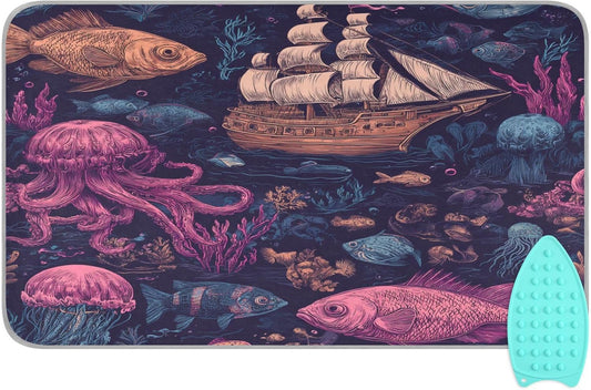 Red Blue Pirate Ship and Fish Ironing Mat Thickened Ironing Blanket Travel Portable Double-Side Using Ironing Pad Travel Isolate Heat Pad Cover for Washer Dryer Table Top Countertop 27.6x47.2in