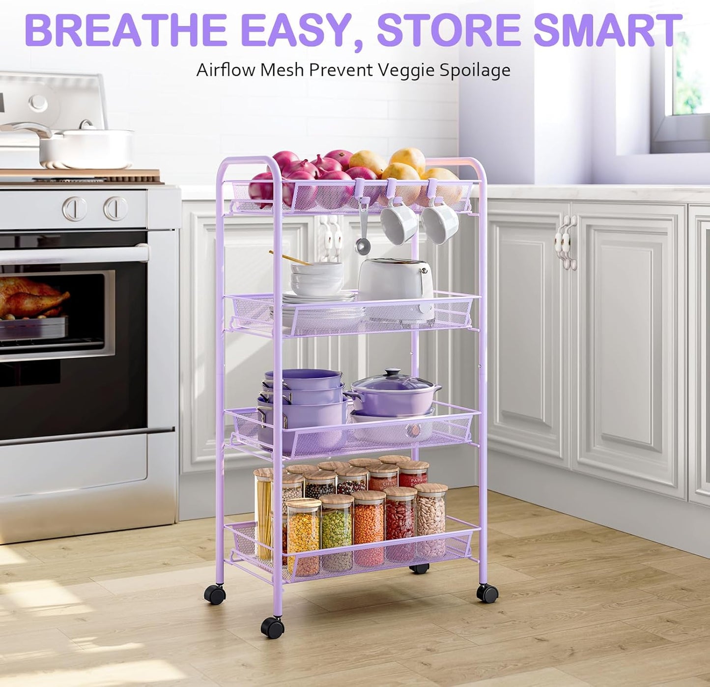 TOOLF 4-Tier Rolling Cart, Metal Utility Cart with 3 Hooks, Easy Assemble Mobile Storage Trolley On Wheels, Metal Shelving Units Kitchen Bathroom Laundry Room