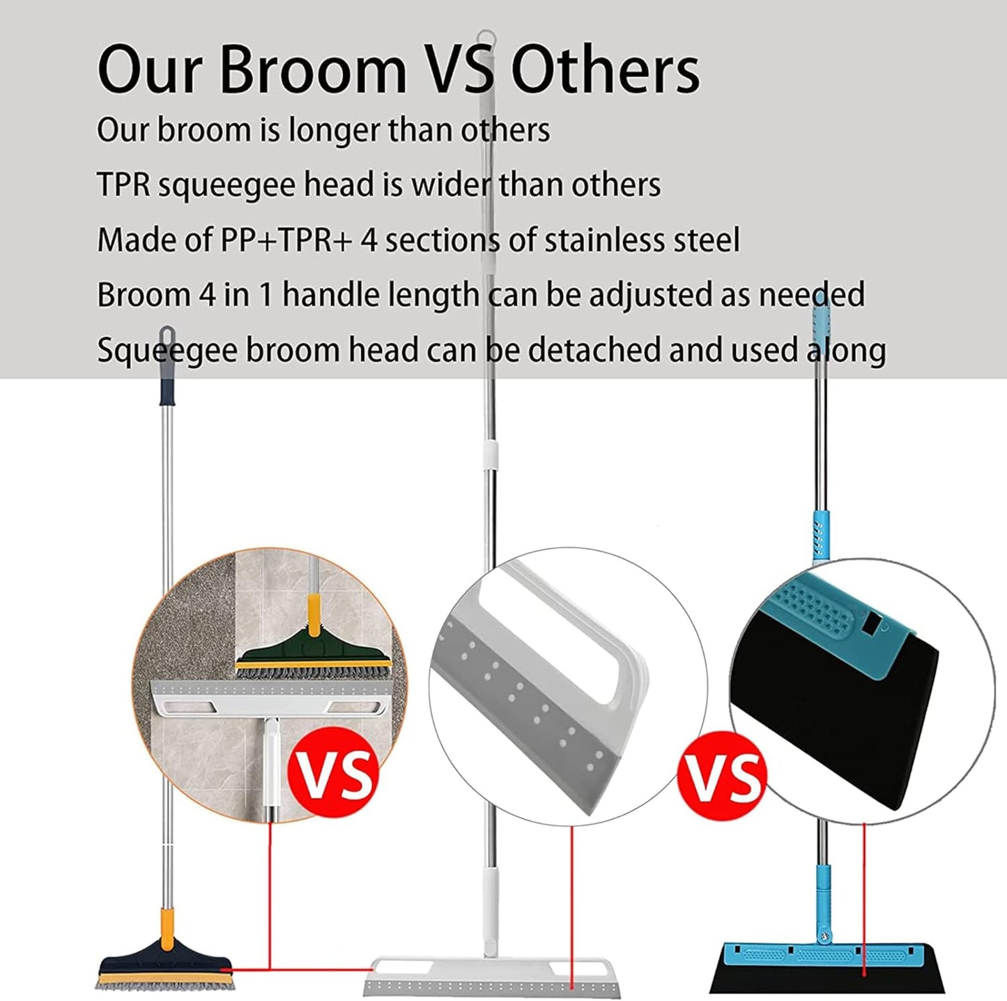 Multifunction Magic Broom, Silicone Floor Squeegee with 56" Long Handle, Rubber Sweeper, Air Broom for Floor Bathroom Kitchen Shower Tile Pet Hair Fur Marble Glass Water Window Foam Cleaning (Grey)