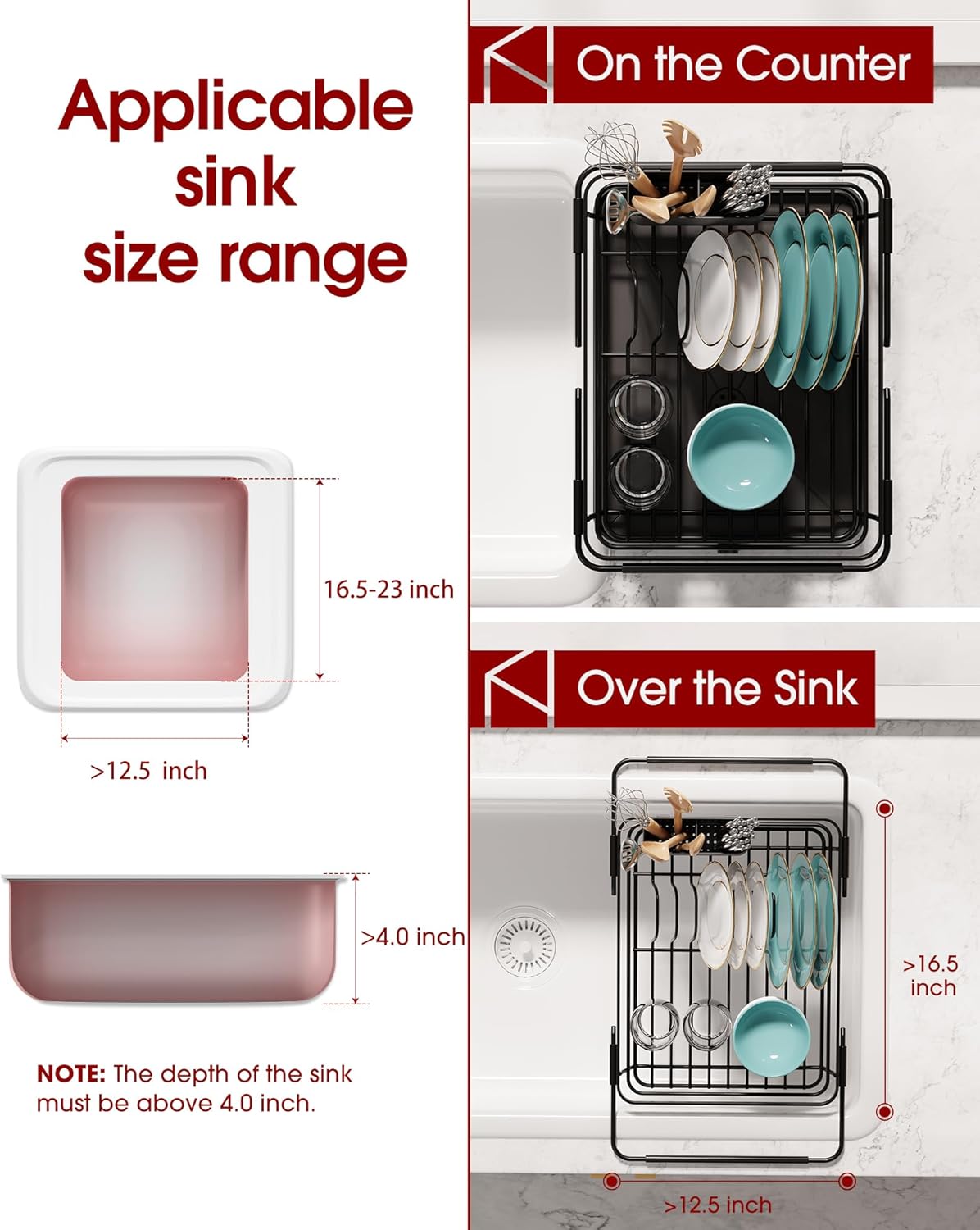 Stainless Steel Dish Drying Rack for Kitchen Counter, Sink Organization and Storage Essentials with Silverware & Utensil Holder, Home and Apartment Decor, 12" W x 15.8~23" L, Black