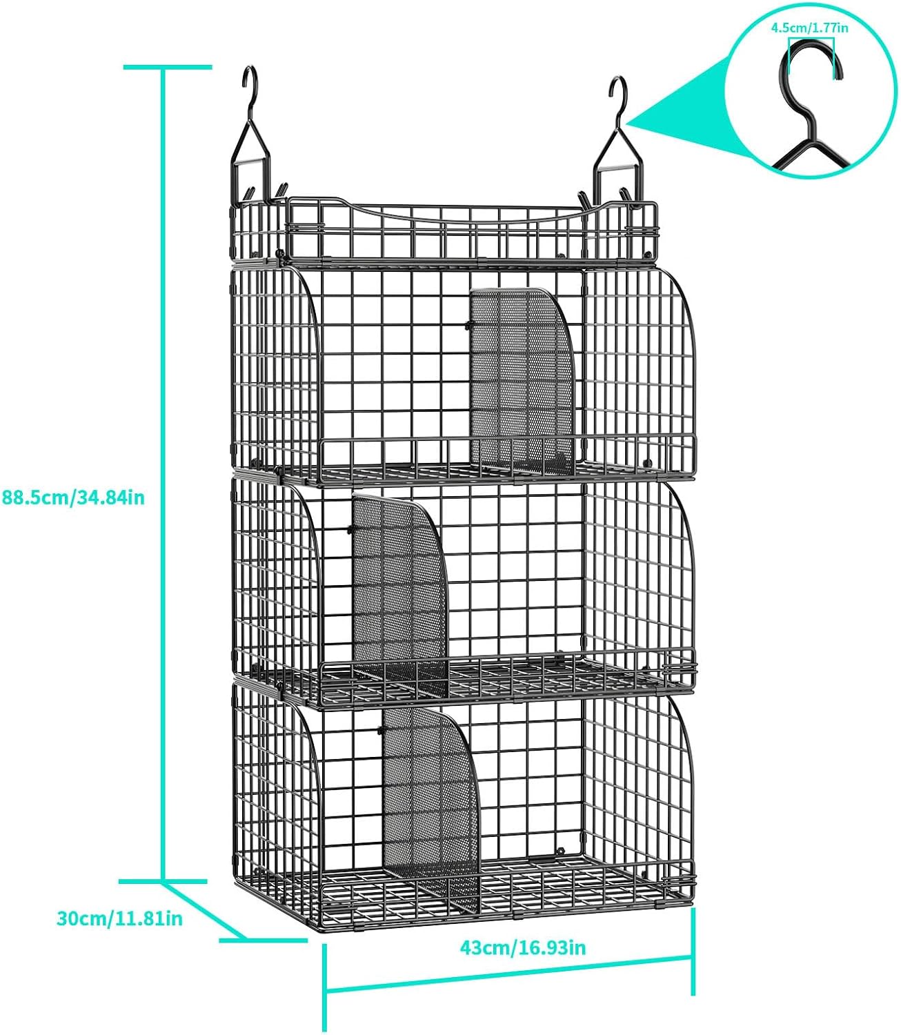 HapiRm Hanging Closet Organizer Storage - 4 Tier Metal Stackable Hanging Closet Shelves with Dividers and S Hooks, Foldable Clothes Shelves for Clothes, Pants, Shoes, Coat, Hats Clutches Accessories
