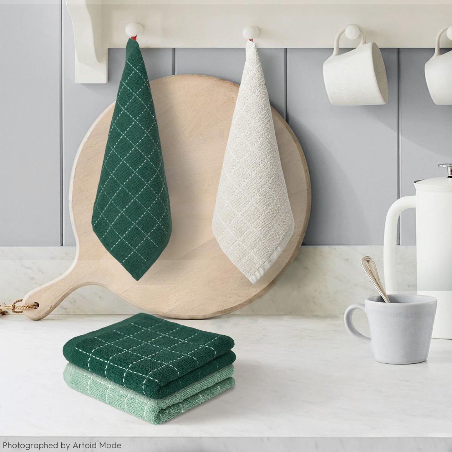 Artoid Mode Checkered Designed Cotton Beige Dark Green Terry Kitchen Dish Cloths, 12x12 Inch Soft Absorbent Quick Drying Kitchen Rags Set of 6