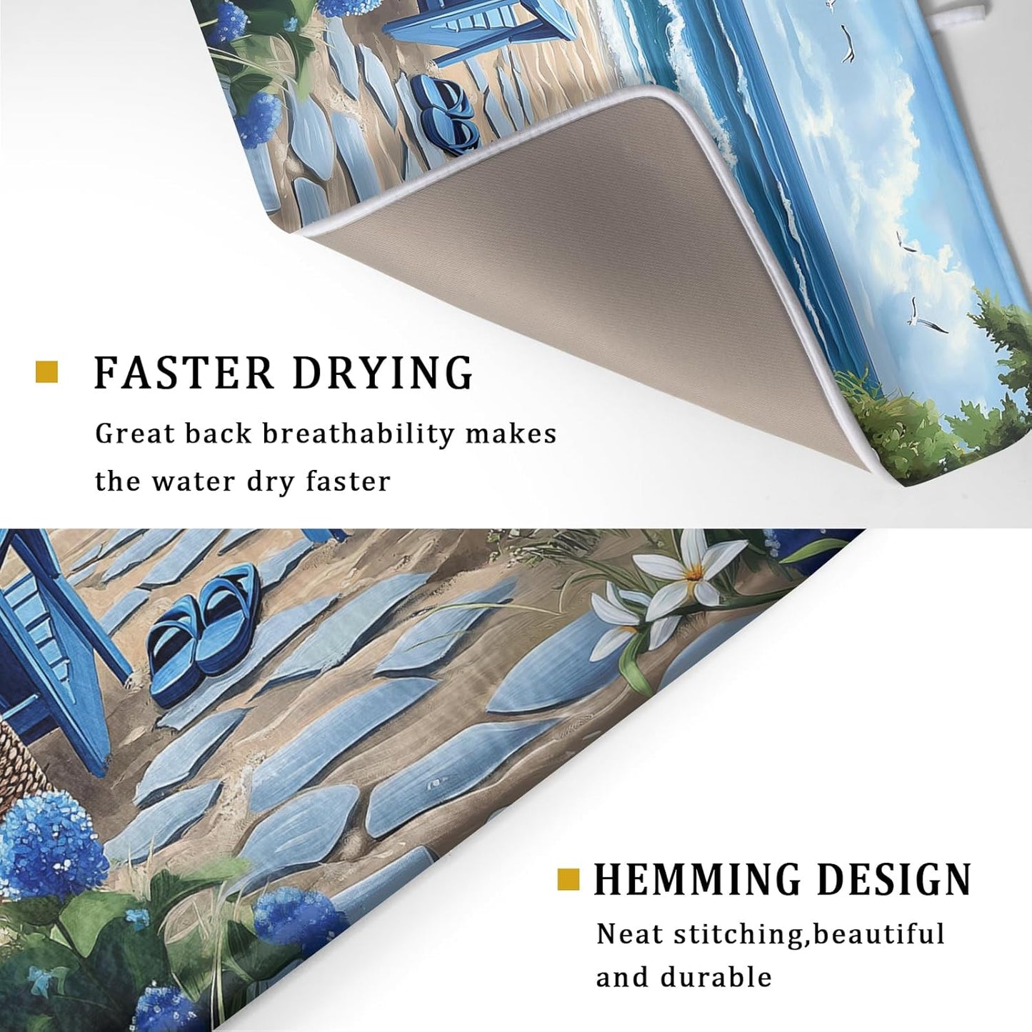 Summer Beach Chairs Dish Drying Mat Sea Wave Blue Floral Drying Mat fo Kitchen Counter 16”x18” Absorbent Reversible Kitchen Mat Non-Slip Ocean Themed Dish Drainer Rack Mat for Countertop Coffee Bar