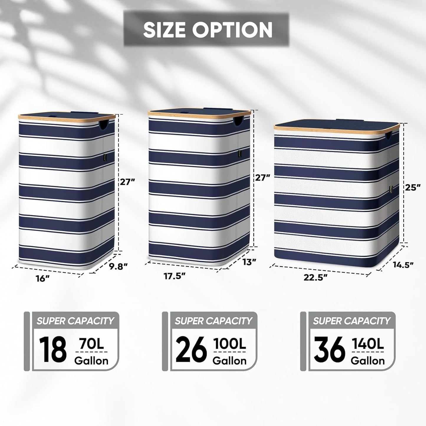 BALEINE Laundry Hamper with Lid, Tall Laundry Baskets with Bamboo Pull Handles, Large Laundry Bin with Internal Support (26 Gal/100L, Blue Stripe)