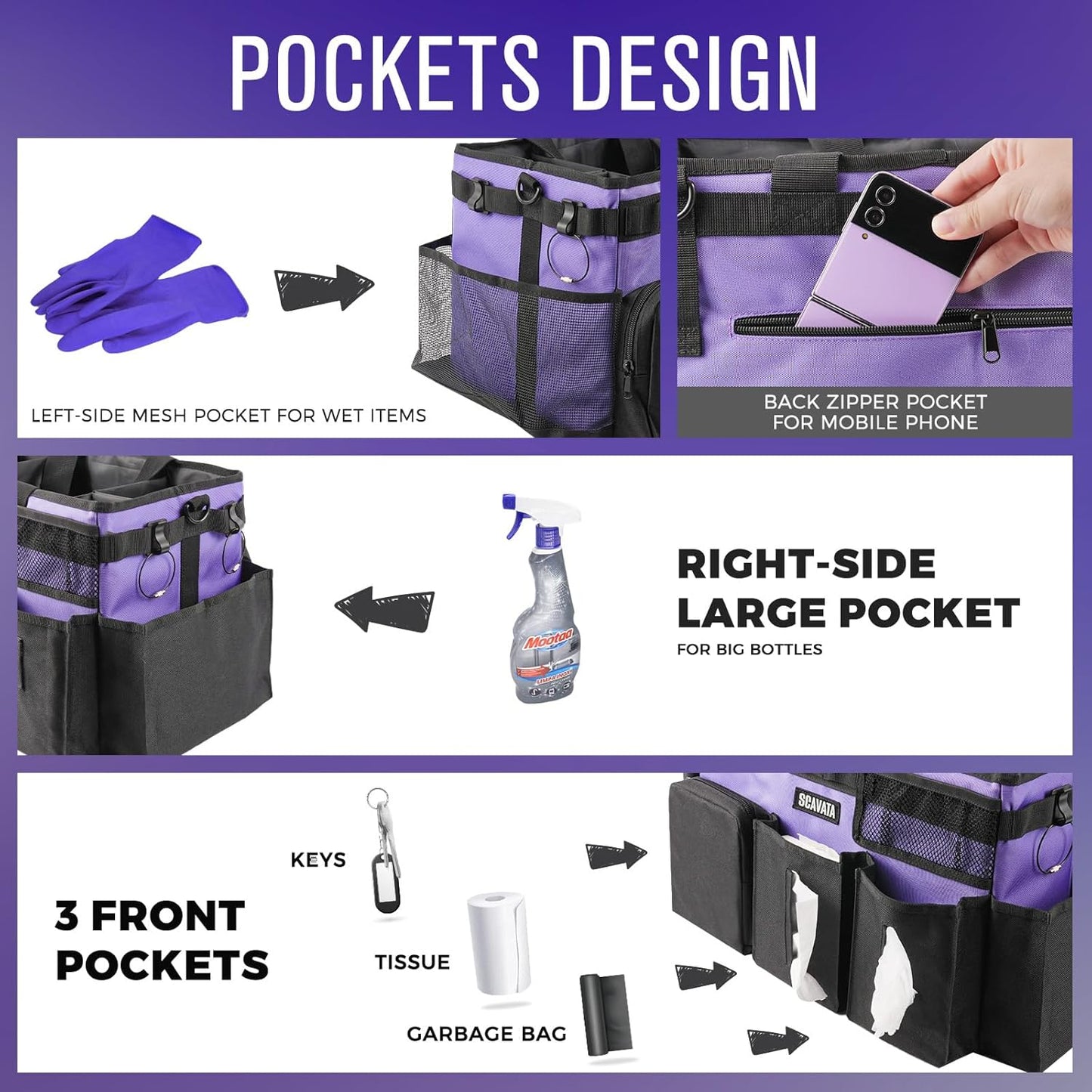 Wearable Cleaning Caddy Bag, Cleaning Caddy Supplies Organizer with Handle & Shoulder Straps for Housekeepers, Under Sink & Car Cleaning Tool Organizers with 4 Foldable Divider (Purple)