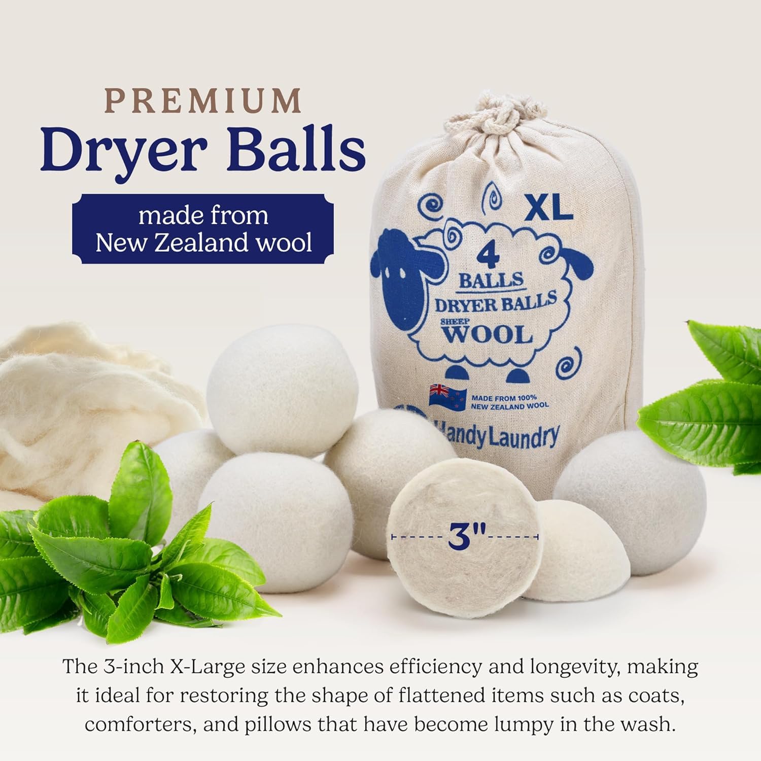 Handy Laundry Wool Dryer Balls 4-Pack, Reusable Natural Fabric Softener