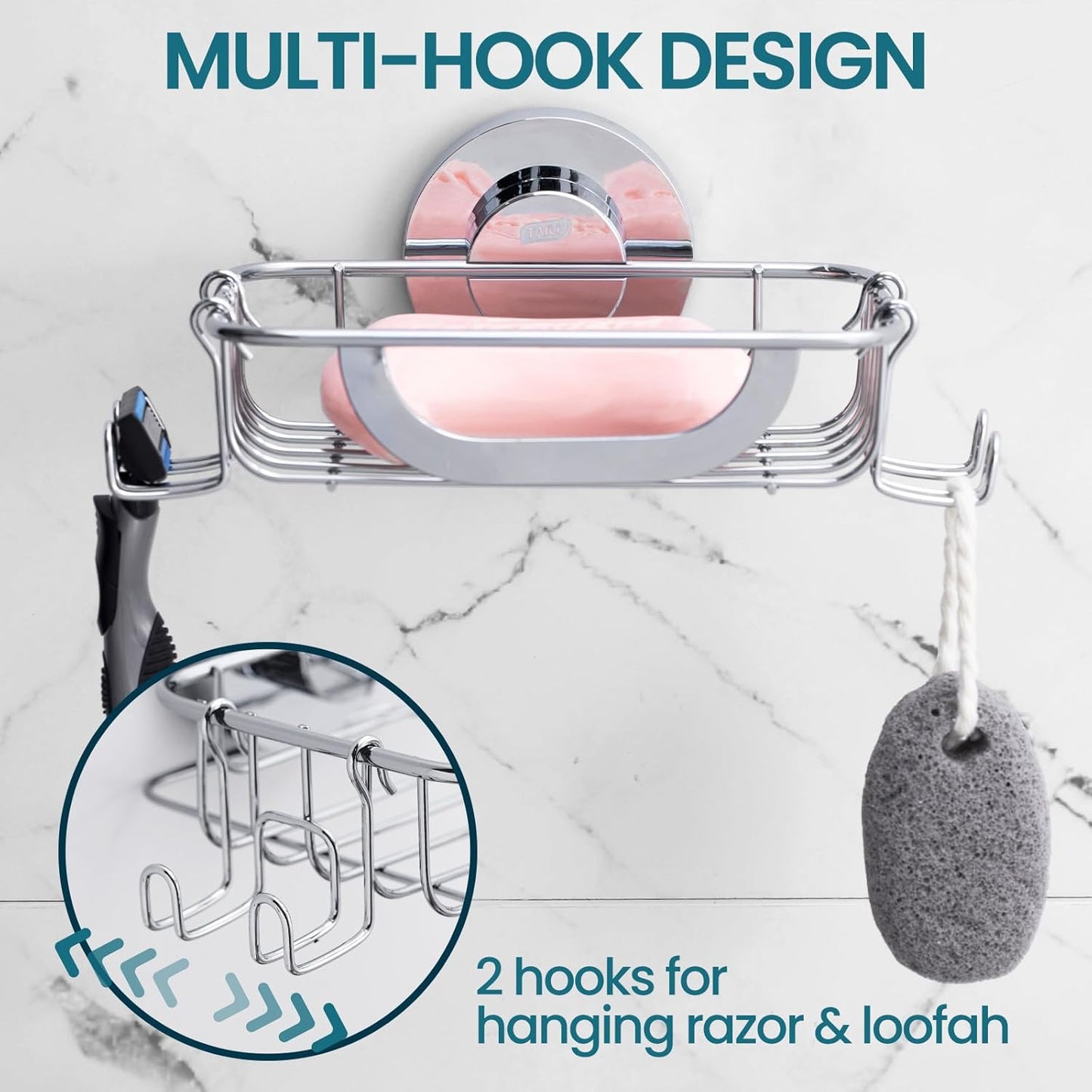 TAILI Soap Bar Holder Dish with Hooks, Shower Soap Tray Saver Suction Cup with Razor Holder for Wall, Rustproof Stainless Steel Bath Shampoo Caddy for Bathroom Accessories Organizer, Silver