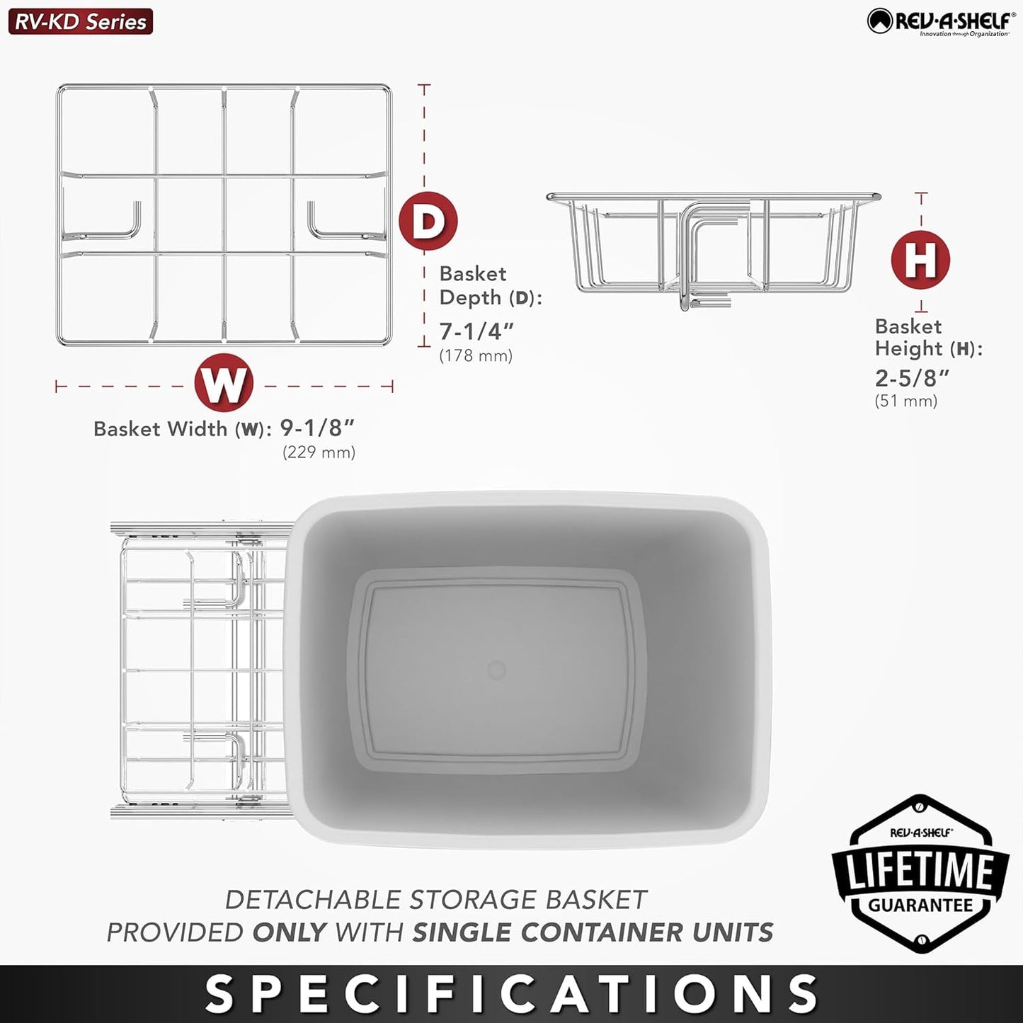 Rev-A-Shelf Pullout Trash Can for Kitchen Cabinets 35 Qt Garbage Waste Recycling Bin w/ Full Extension Slide, Metallic Silver, RV-12KD-17C S