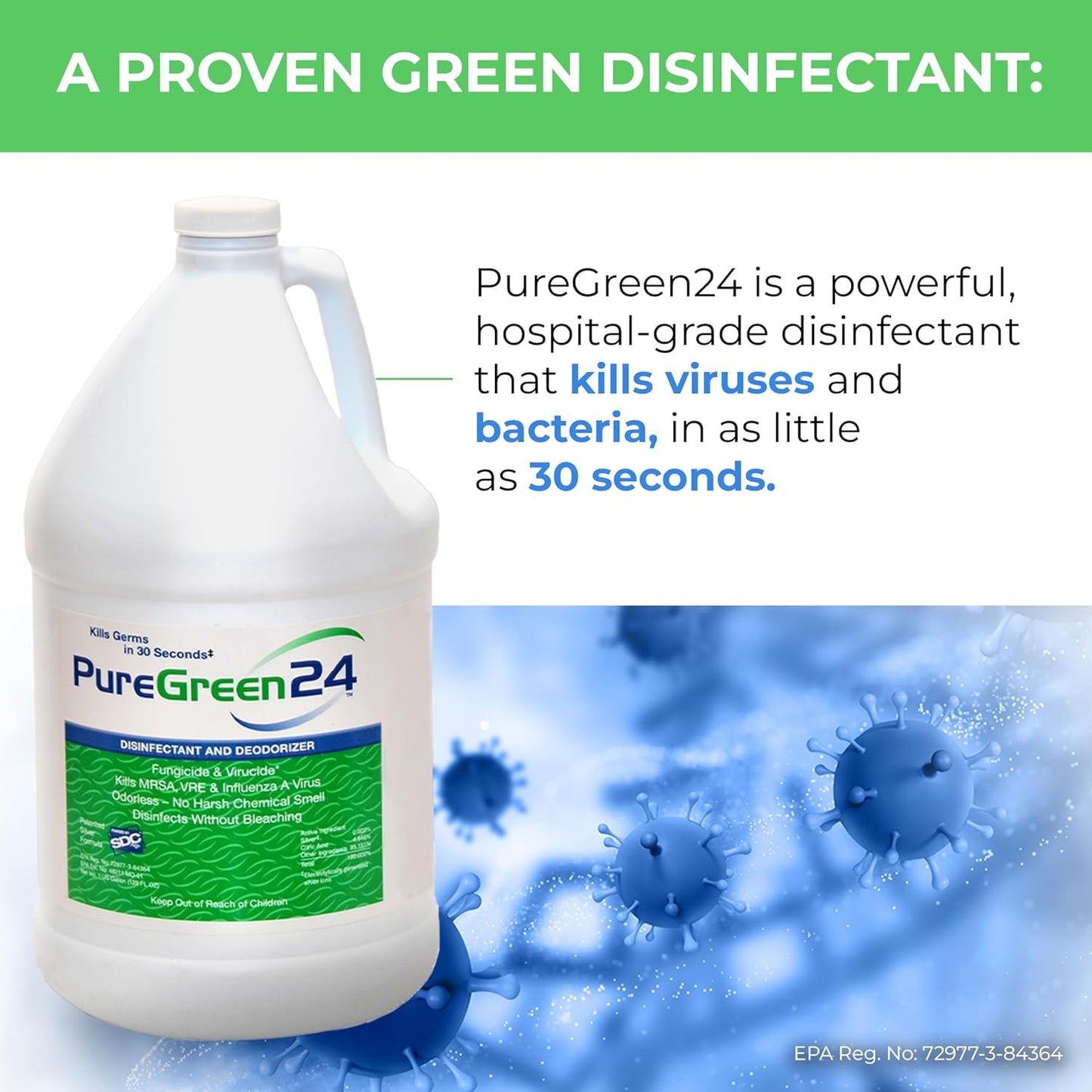 PureGreen24 Safe & Effective Disinfectant. Kills Deadly Germs including RSV COVID-19 Norovirus MRSA Staph 2025 flu Contains no toxic chemicals odorless child & pet safe 2 gallon bottles ready to use