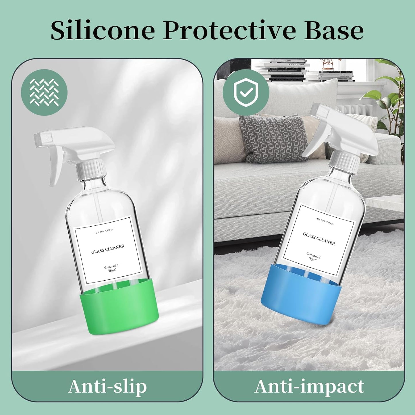 2 Pack Glass Spray Bottles with Silicone Sleeve,16oz Clear Glass Spray Bottles Refillable Empty Bottle with Adjustable Nozzle,Spray Bottle for Essential Oils,Cleaning Solutions,Pets,Hair