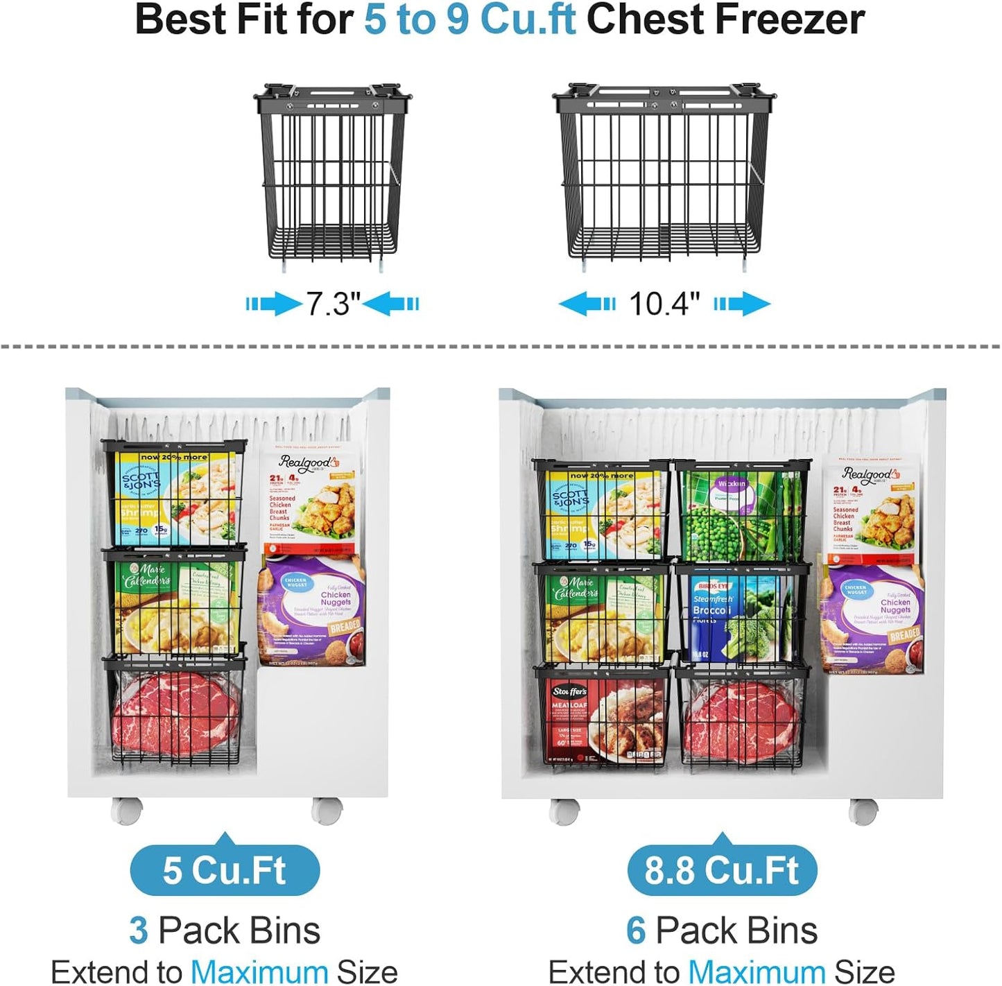 iSPECLE Freezer Organizer Bins - 3 Pack Adjustable Wider & Deeper Chest Freezer Organizer Bins for 5 to 9 Cu Ft, Extra Large & Easy Organize Basket Store More, Stackable No Wasted Space, Black