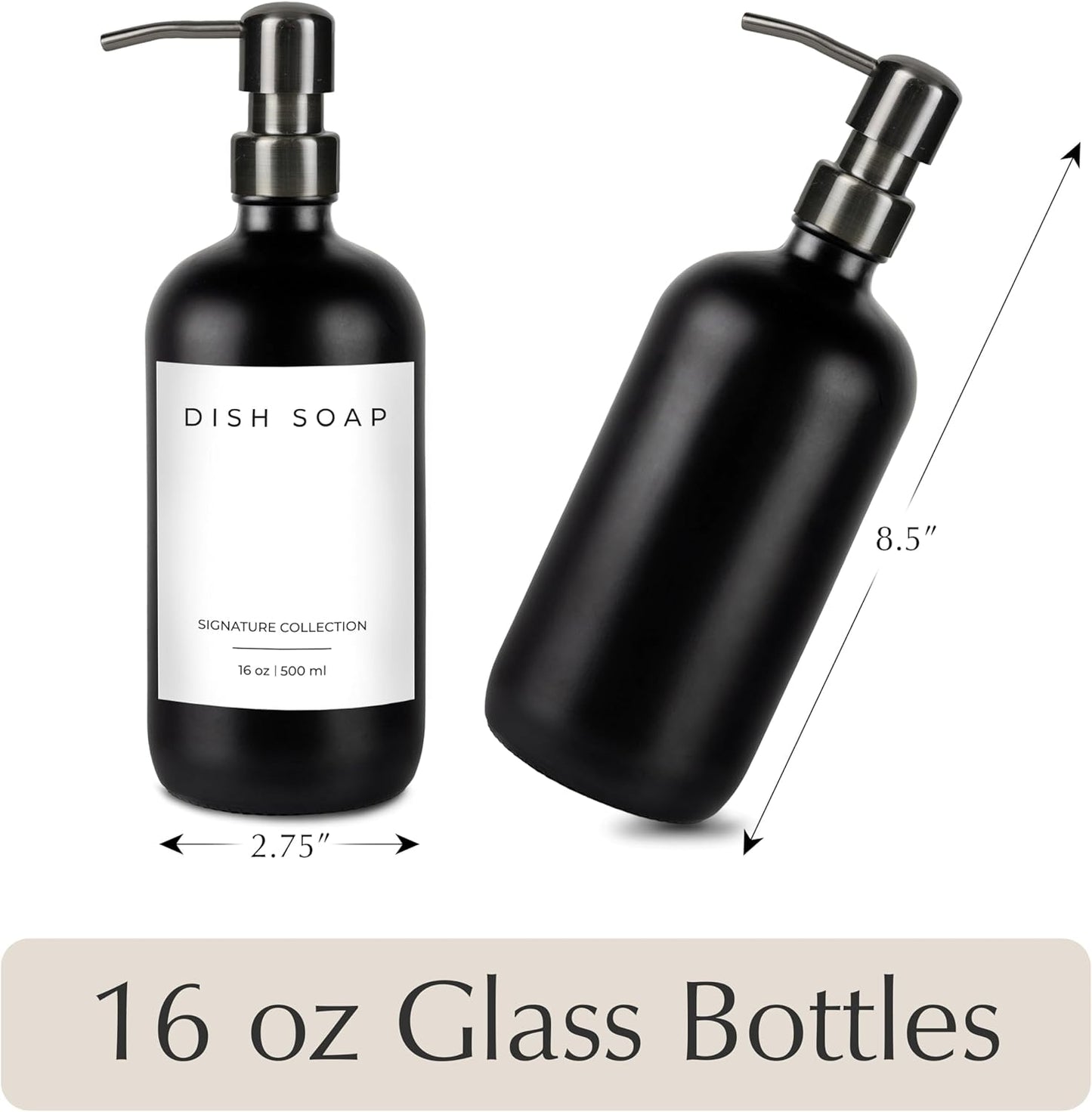 Emerson Essentials Glass Soap Bottle Dispensers, 2 Pack, Stainless-Steel Pumps Rust-Free, Hand Set for Bathroom Kitchen Sink, Liquid Lotion Shampoo Jars with 4 Waterproof Labels, 16 Oz Gunmetal