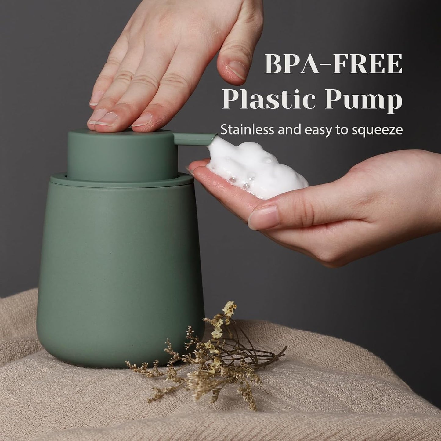 INGOFIN Ceramic Foaming Soap Dispenser - 12oz Foam Hand Soap Dispenser Bathroom, Modern Dish Soap Bottle with Pump for Kitchen, Matte Green