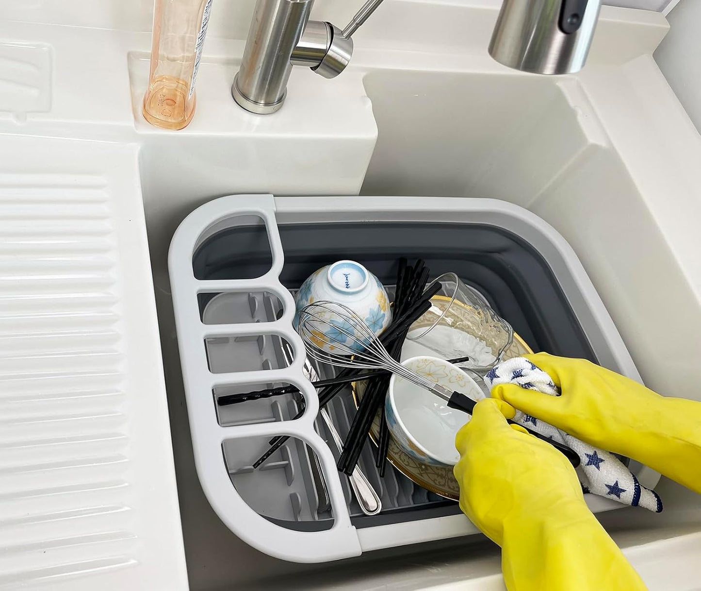 SAMMART 12L (3.17 Gallon) Collapsible Dish Drainer with Swivel spout - Foldable Drying Rack Set - Portable Dinnerware Organizer - Space Saving Kitchen Storage Tray (Grey/Steel Grey)