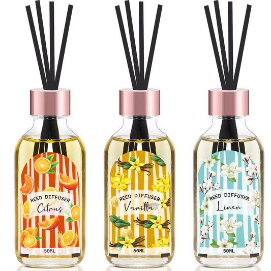 Reed Diffuser Set of 3 Pack, Linen Vanilla Citrus Scented Oil Diffuser with 15 Sticks, Reed
