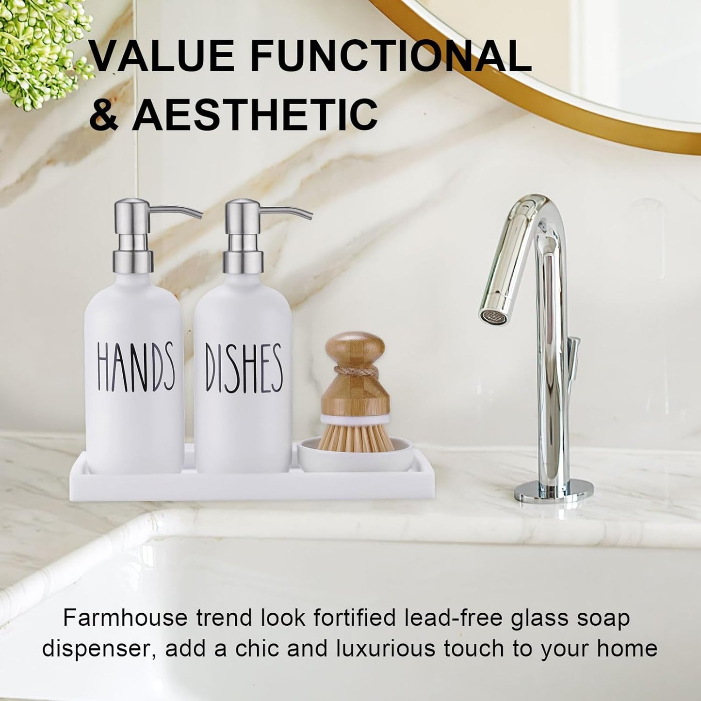 Glass Soap Dispenser for Kitchen,Farmhouse Kitchen Dish Hand Soap Dispenser Set,Rustproof Pump Soap Lotion Dispenser Set with Tray and Dish Brush,Kitchen Decor White-Silver Pump