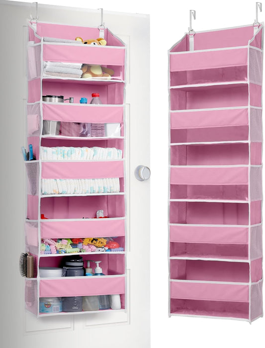 ULG 1 Pack Over Door Organizer with 5 Large Pockets 10 Mesh Side Pockets, 44 lbs Weight Capacity Hanging Storage Organizer with Clear Window Kids Toys, Shoes, Diapers, Pink