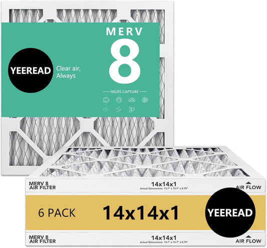 14x14x1 MERV 8 Air Filters 6-Pack, Actual Size 13.7" x 13.7" x 0.75" – Compatible with HVAC, Air