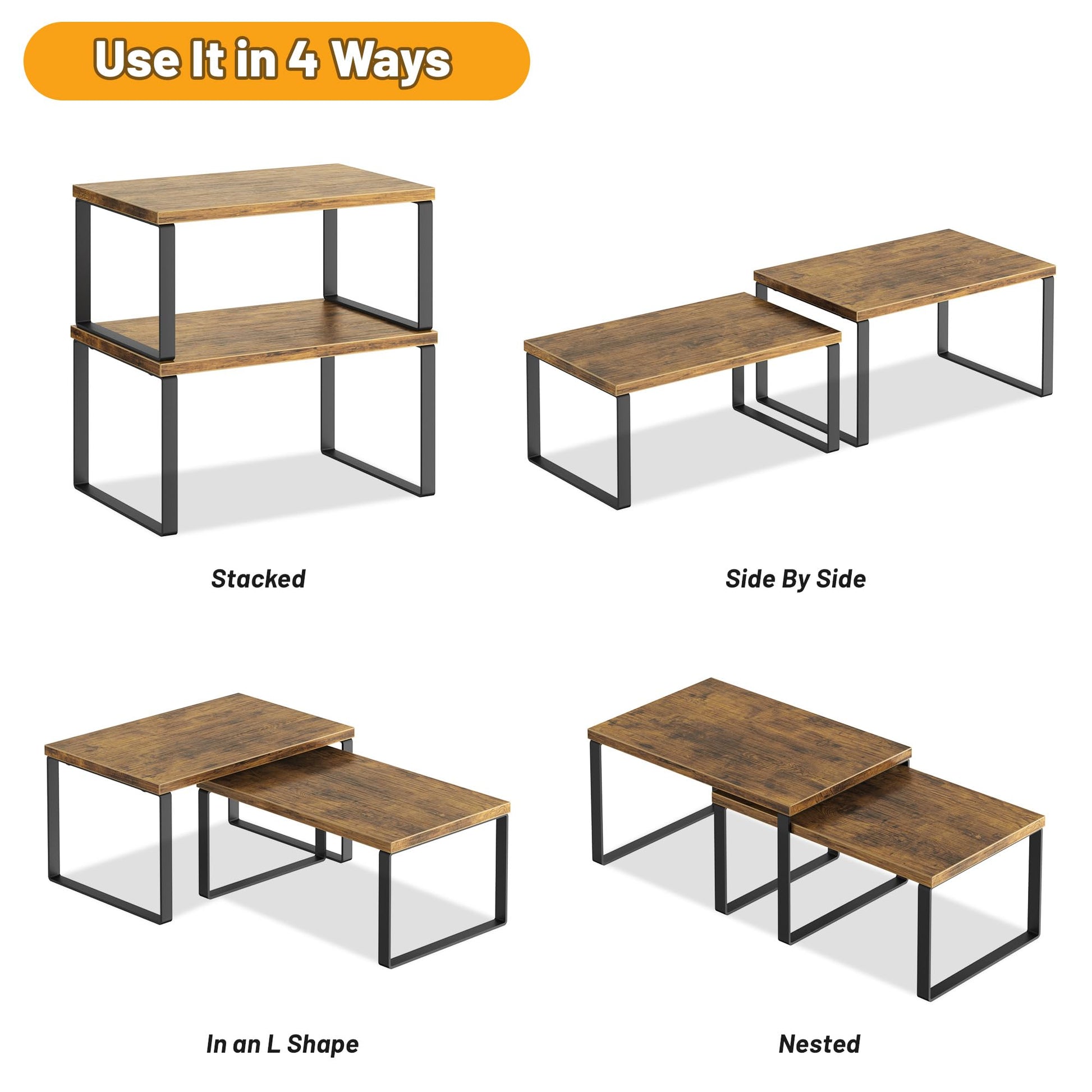 Kitchen Cabinet Organizer Shelf Set of 4, Sturdy Kitchen Counter Shelves with Metal Legs, Stackable