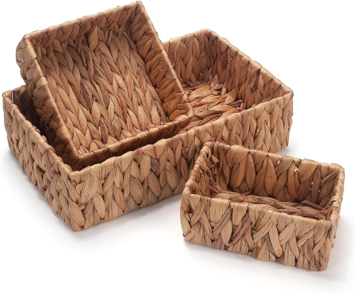 Water Hyacinth Rectangular Storage Basket for Organizing Natural Wicker Baskets for Shelves Pantry Bathroom Set of 3