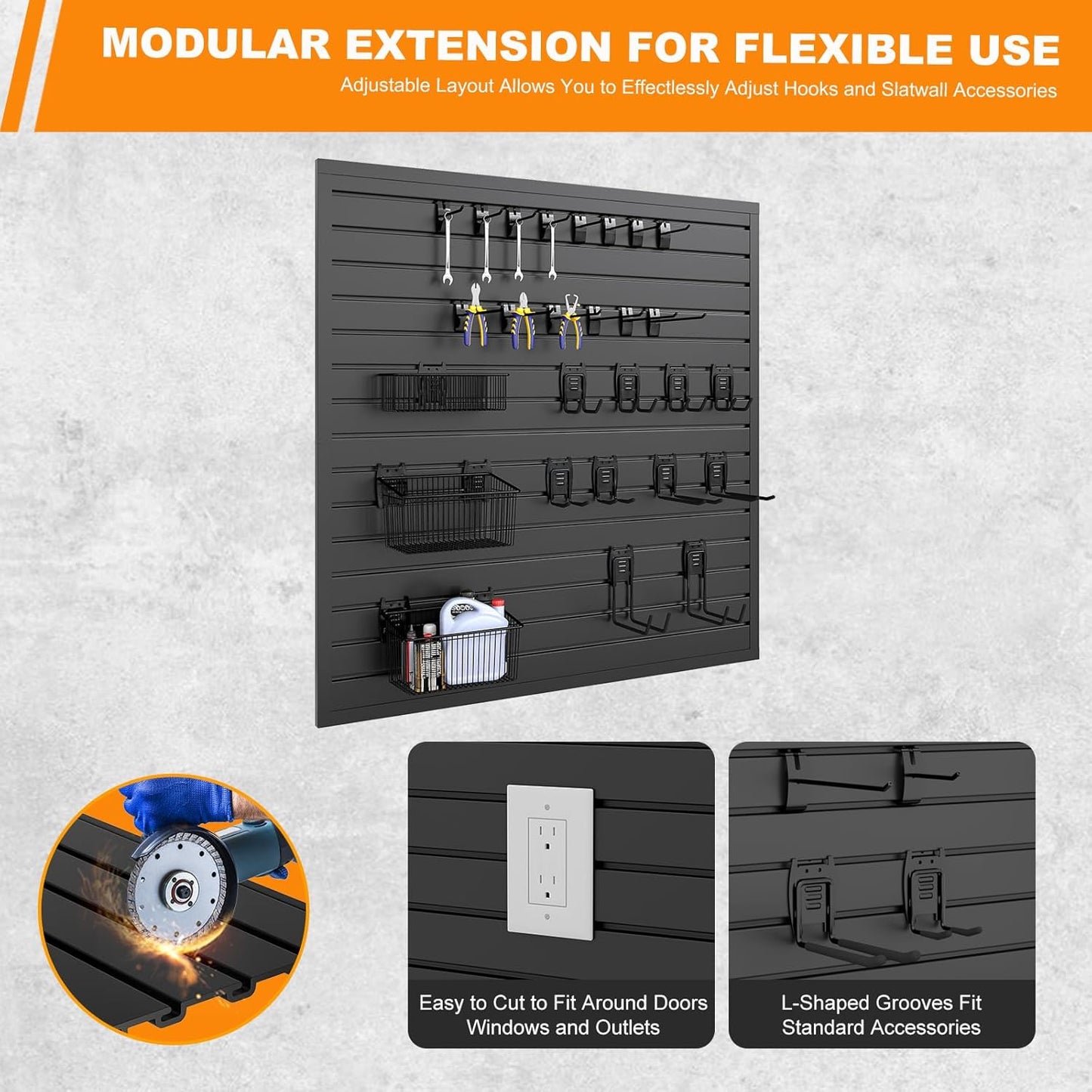 DoCred Slatwall Paneling Organizer, 4x4 FT PVC Garage Slat Wall Storage Systems, Heavy Duty Mounted Slat Peg Board for Tool Organization Ladder Bike Rack (Black)