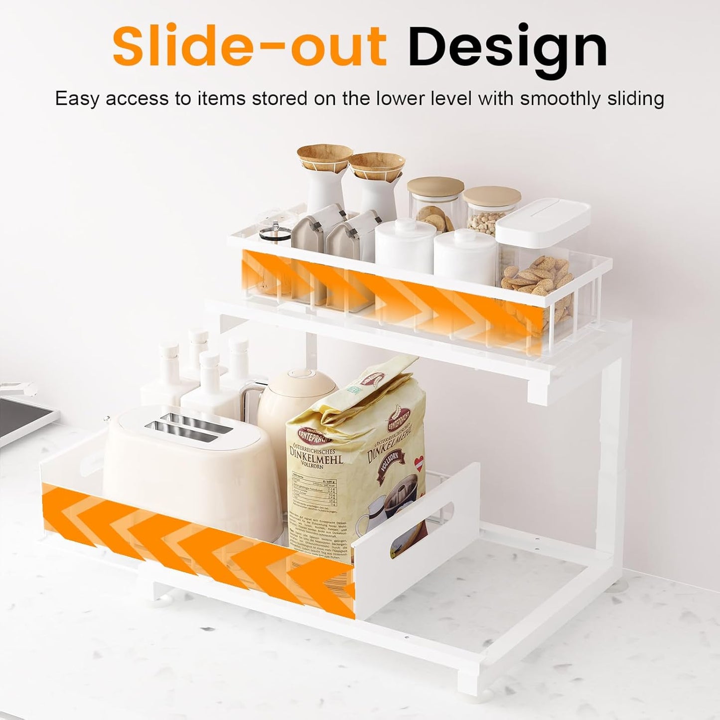 2 Pack Under Sink Organizer, 2-Tier Heavy Duty Metal Pull Out Cabinet Organizer Slide Out Sink Shelf Organizer Height Adustable, Multi-Purpose Storage Shelf for Kitchen Bathroom (White, 2 Pack)