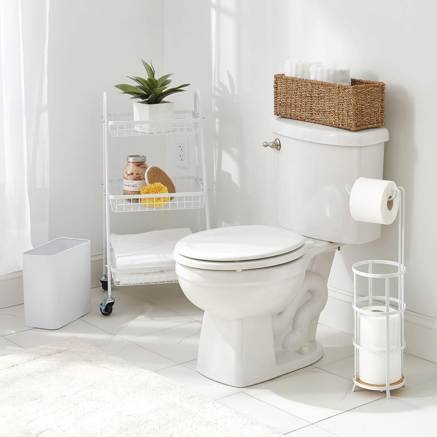 mDesign Metal Wastepaper Bin — Compact Rectangular Bathroom Bin — Rubbish Basket for Home and Office — White