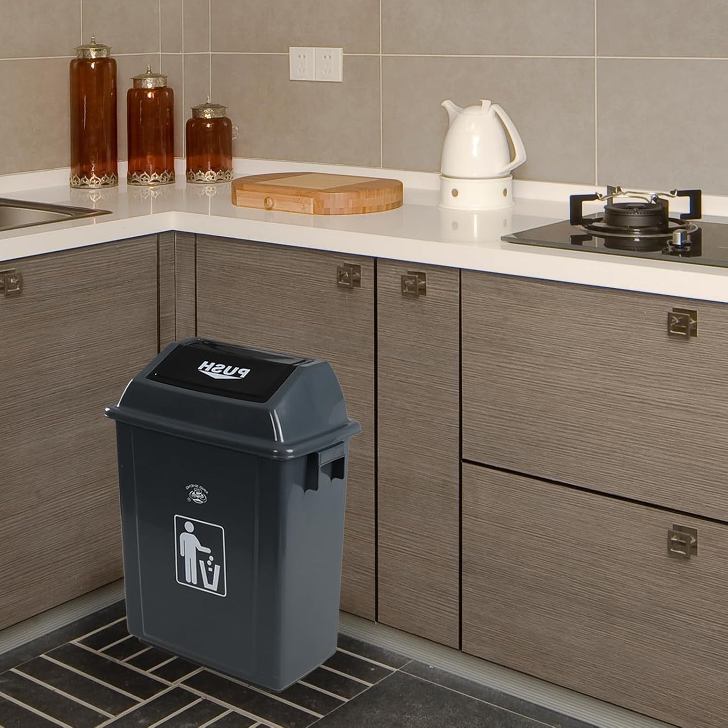 Morcte 6 Gallon Small Kitchen Trash Can with Swing Top, 4 Pack Plastic Waste Basket with Swing Lid, Gray