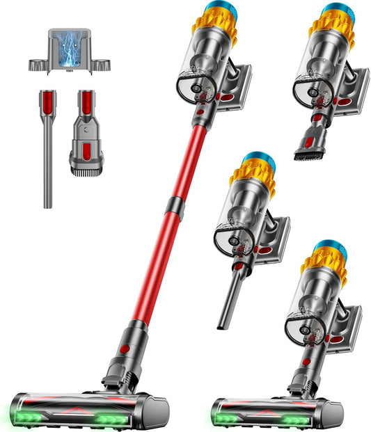 Cordless Vacuum Cleaner, 600W/50KPA, Max 70 Mins Runtime, Self-Standing Vacuum Cleaners for Home, Anti-Tangle Stick Vacuum, Smart Display Vacuum Cordless with 1.8L Cup for Pet Hair/Carpet (Red)