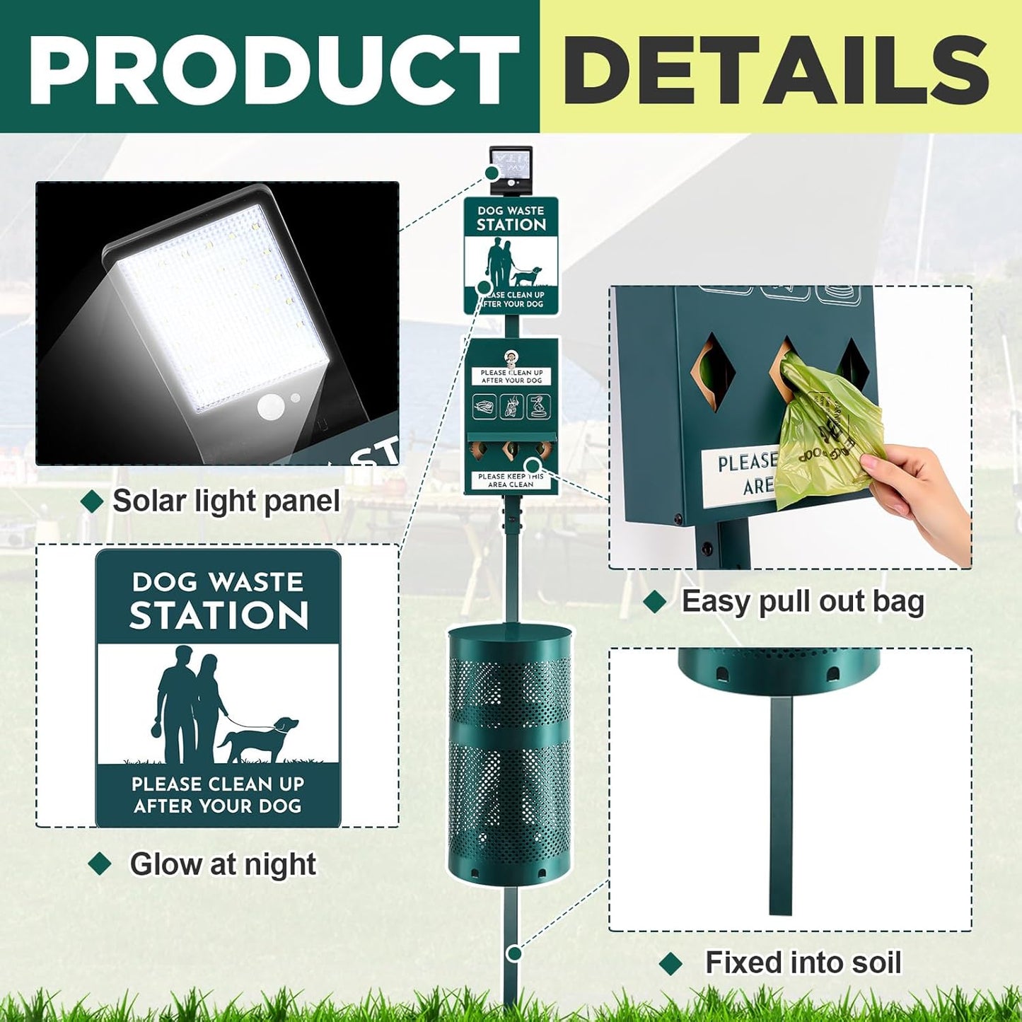 Dog Waste Station with Solar Panels Outdoor LED Galvanized Steel Dog Trash Bin with Poop Bag Dispenser Light up at Night Rust Proof Pet Trash Station for Commercial Park Backyard