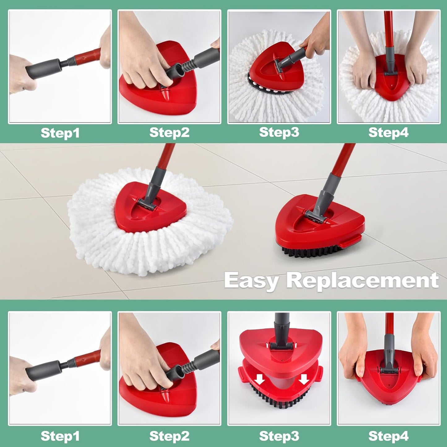 Mop Heads Replacements for Ocedar, Spin Microfiber Mop Replace Head for O-Cedar EasyWring 1 Tank System Mop Refills, Include 3 Pack Mop Heads, 1 Scrub Brush & 1 Base Combo