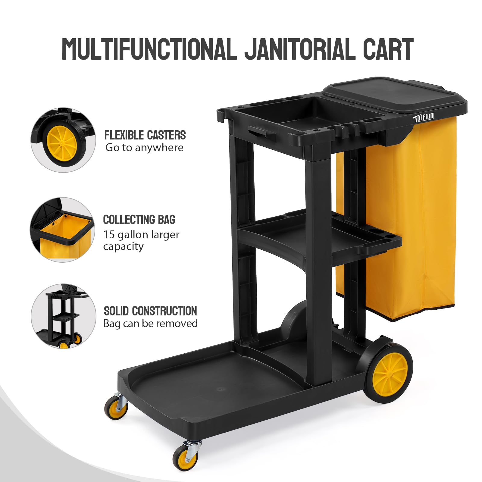 TUFFIOM Commercial Traditional Cleaning 3-Shelf Janitorial Cart, 500 Lbs Capacity Housekeeping