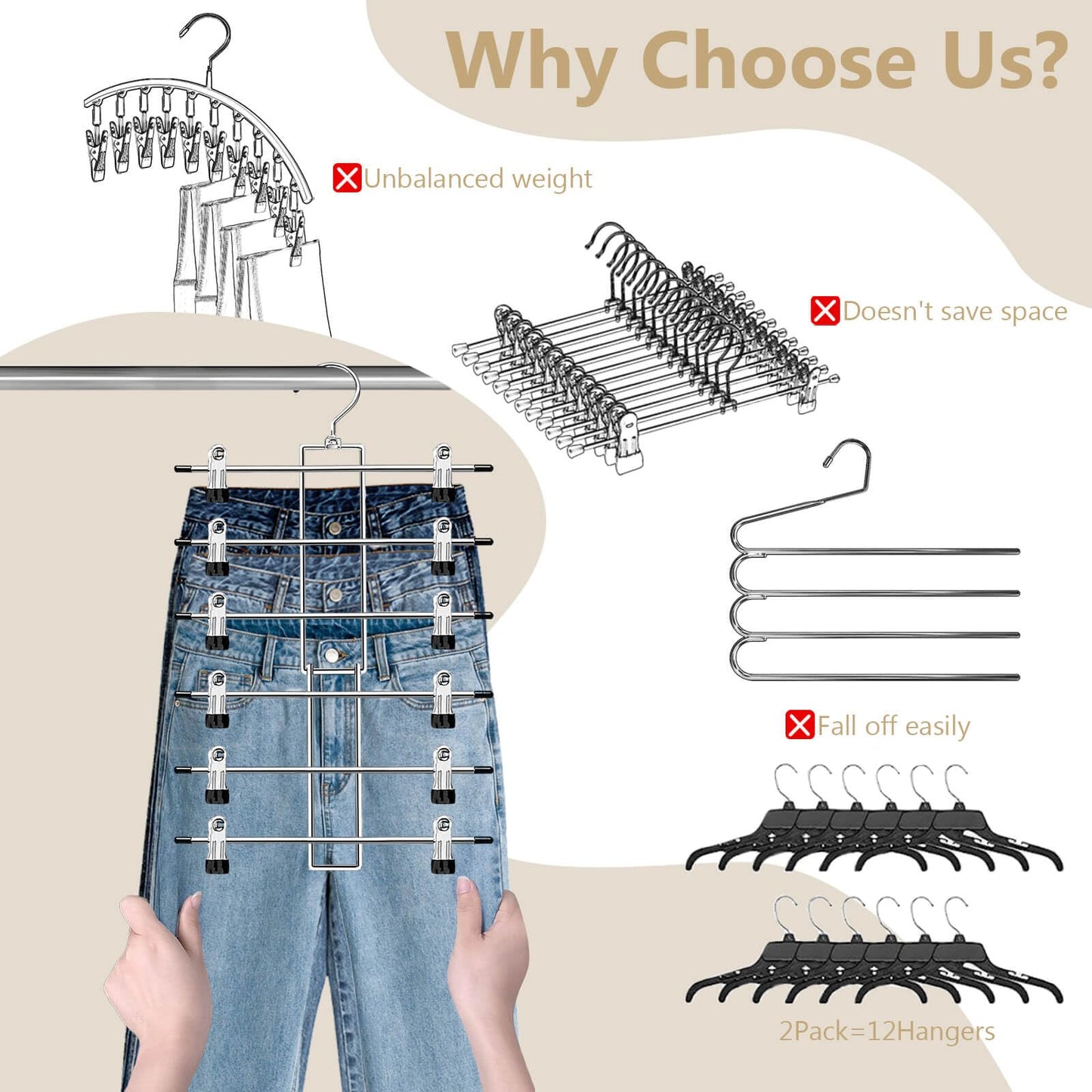 Pants Hangers with Clips,Space Saving Hanging Closet Organizer-6 Tiers Skirt Hangers with 360°