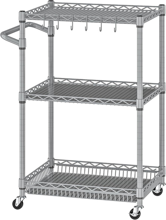 Metal Carts with Wheels,3 Tier Rolling Utility Carts with Storage, Steel Wire Service Cart with