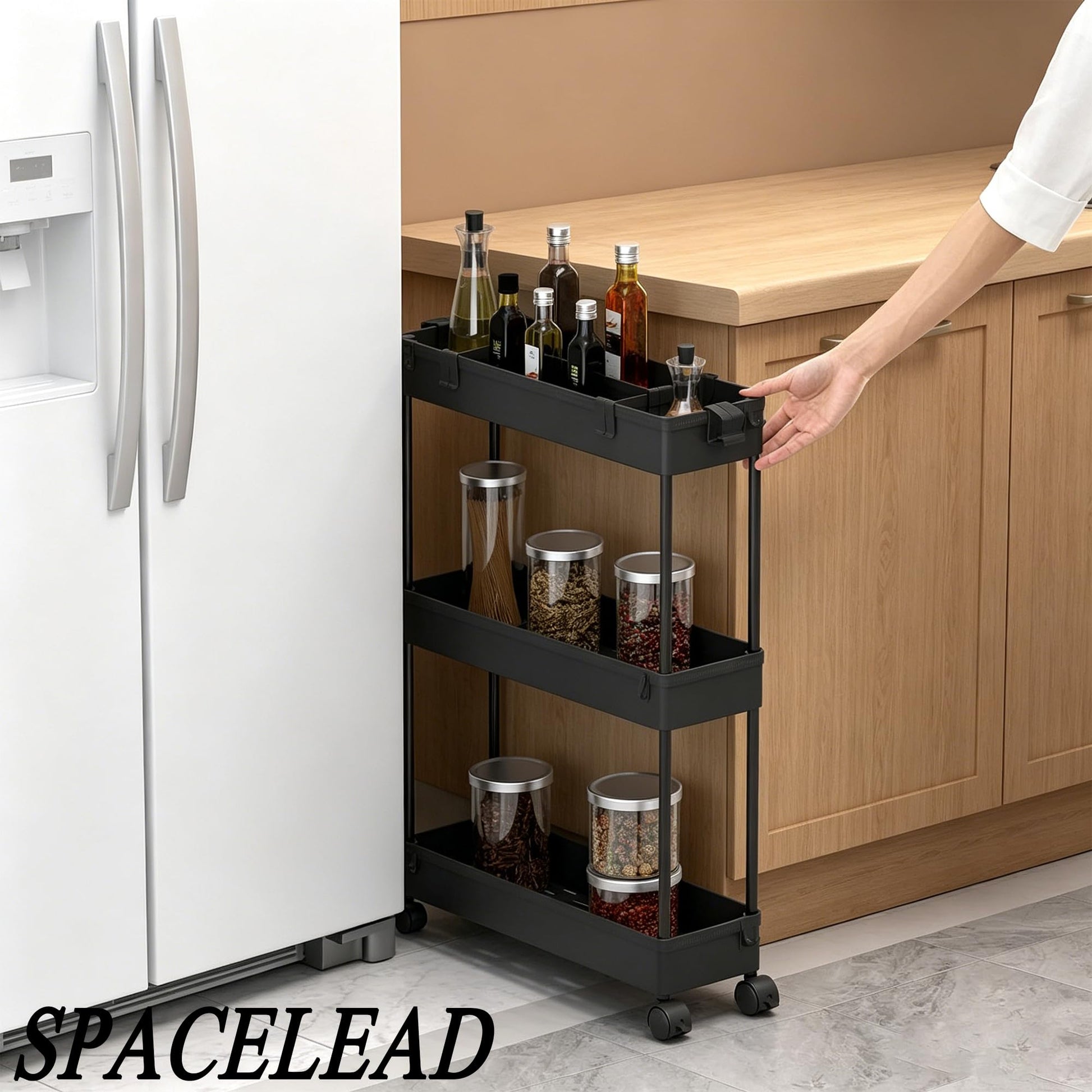 SPACELEAD Slim Storage Cart 3 Tier,Bathroom Organizer Rolling Utility,Mobile Shelving Unit Slide
