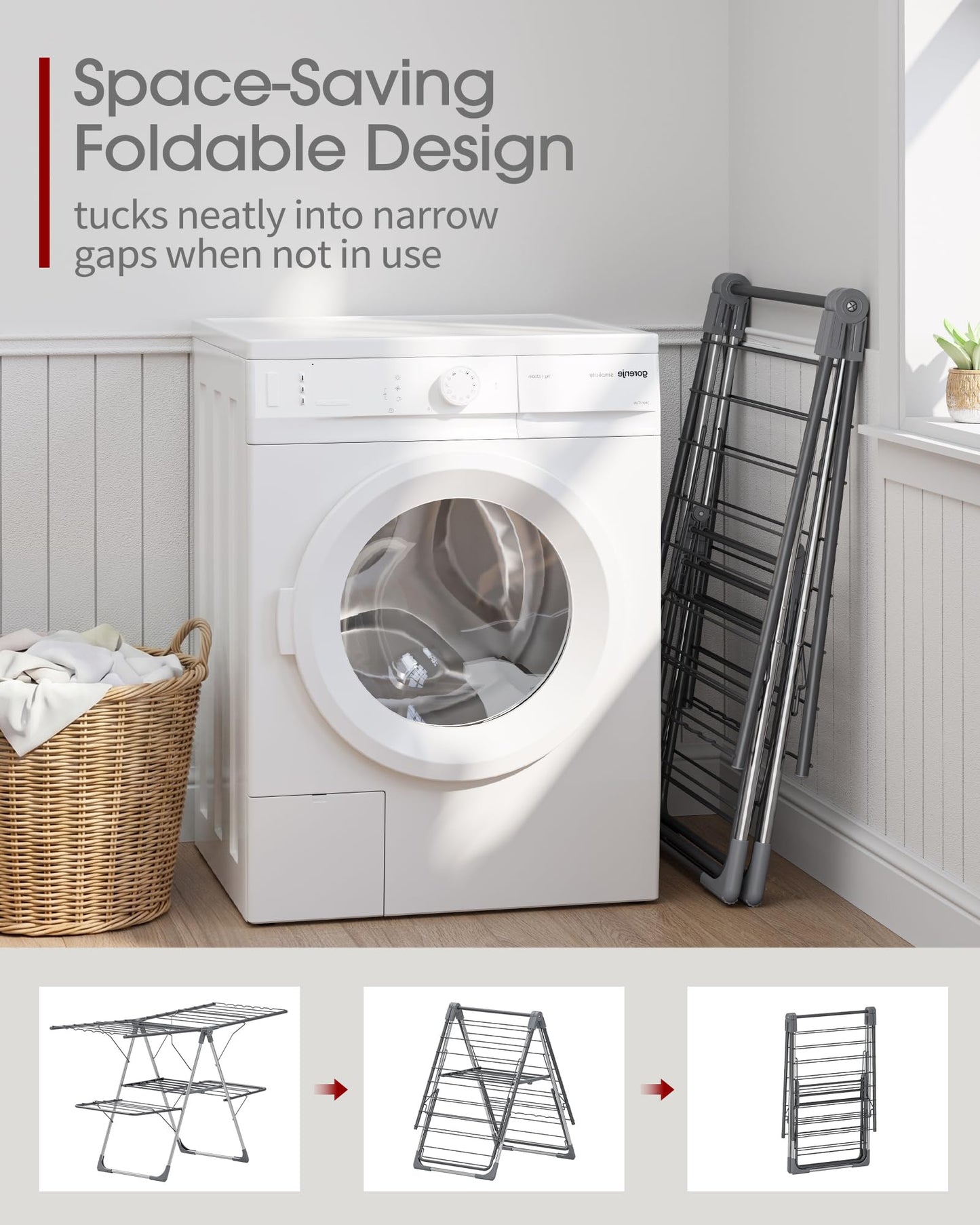 Sakugi Clothes Drying Rack, Foldable 2-Level with 55.5" Adjustable Wings