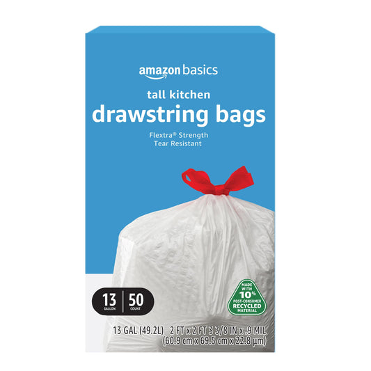 Amazon Basics 13 Gallon Tall Kitchen Drawstring Trash Bags, Flextra Strength, Tear Resistant, 10%