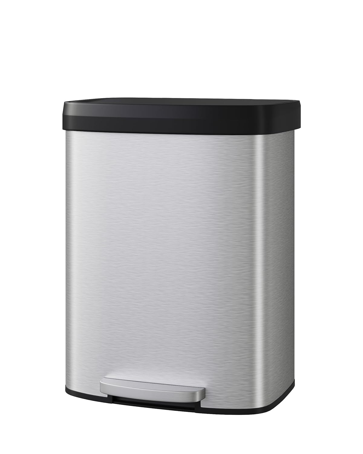 Garvee 16 Gallon / 60 Liter Stainless Steel Trash Can with Lid, Large Garbage Can for Kitchen, Rustproof Step-on Kitchen Metal Trash Bin with Liner Rim, Rear Handle, Soft Close Plastic Lid, Silver