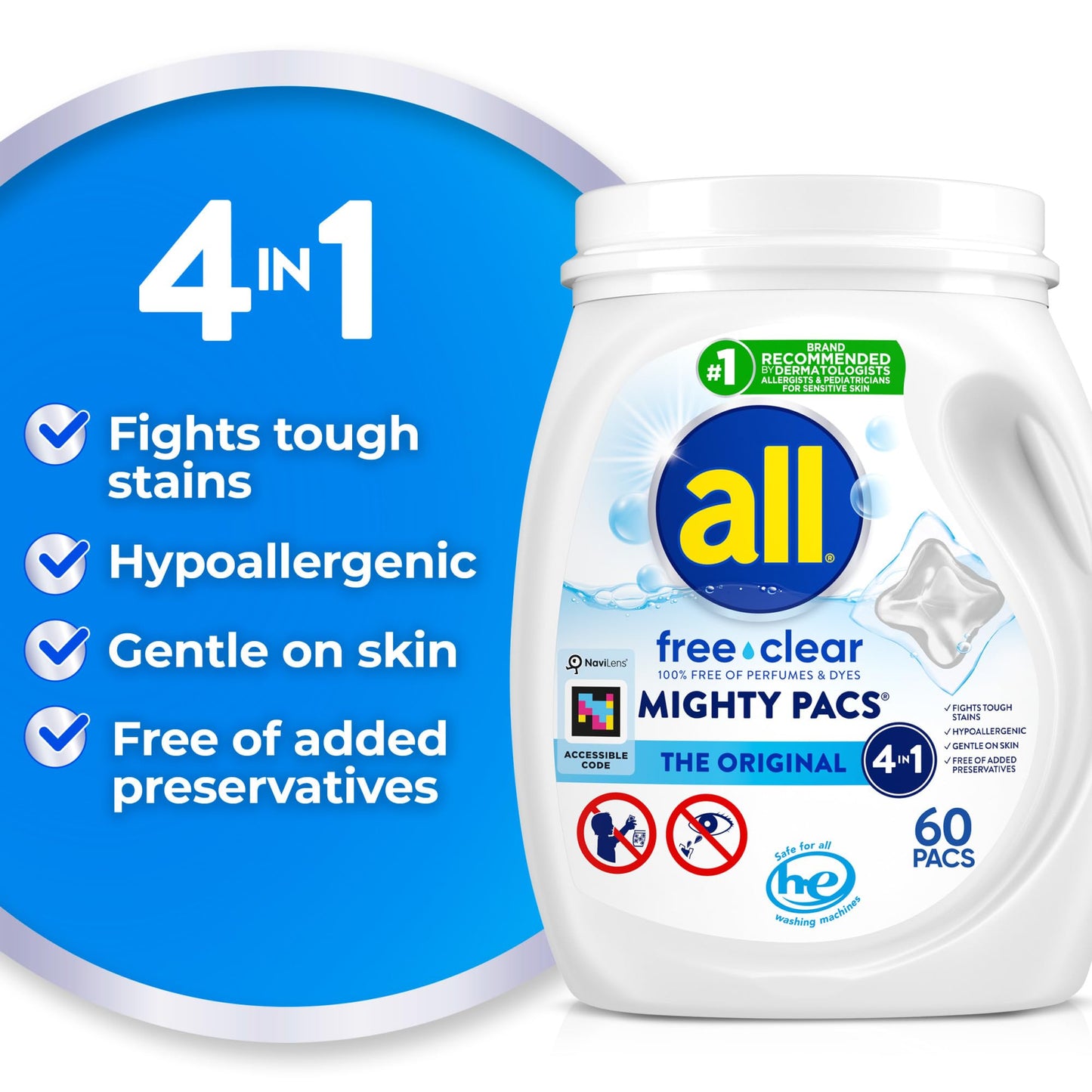 all Unit Dose Laundry Detergent, Mighty Pacs, Free Clear, 60 Count